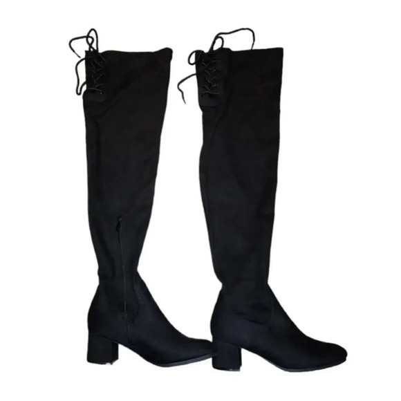 NEW Dream Pairs Women Black Over Knee High Faux Suede Tie Back Side Boots Sz 9.5 - Picture 1 of 5